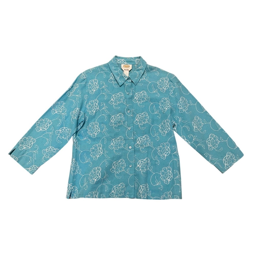 Irish Linen Blend Shirt Vintage Talbots Floral Embroidery Turquoise Blue Medium